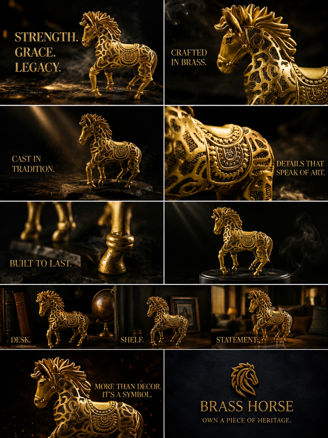Royal Brass Horse Statue - Gold Finish Handcrafted