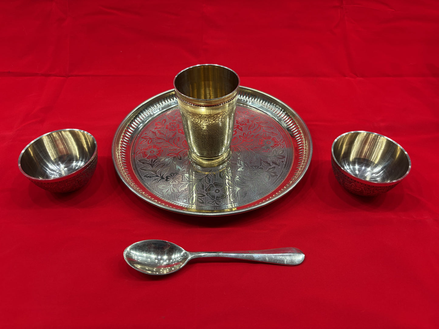 Brass Dinner Thali Set – Handcrafted Engraved Thali with Glass, Bowls & Spoon