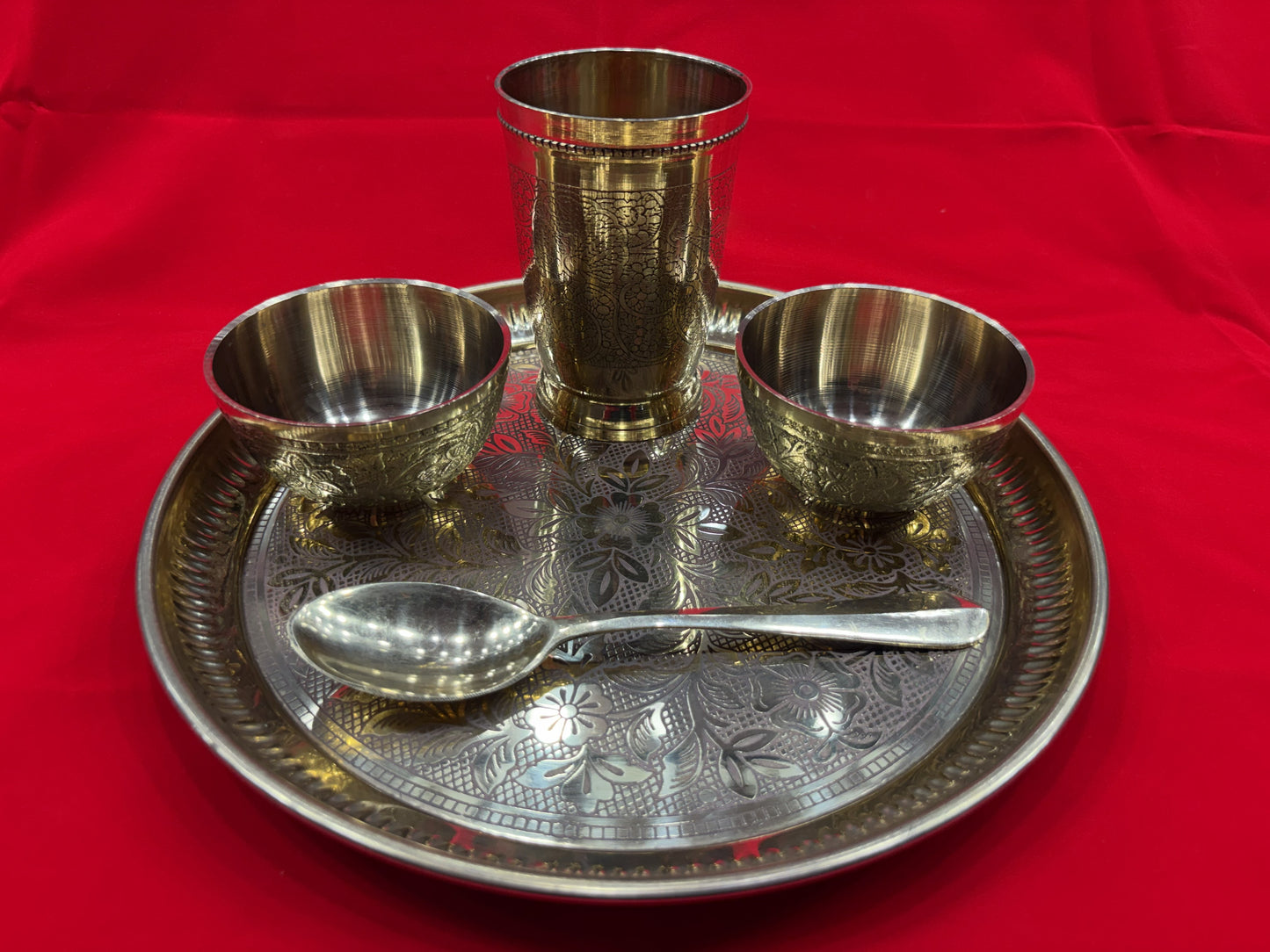 Brass Dinner Thali Set – Handcrafted Engraved Thali with Glass, Bowls & Spoon