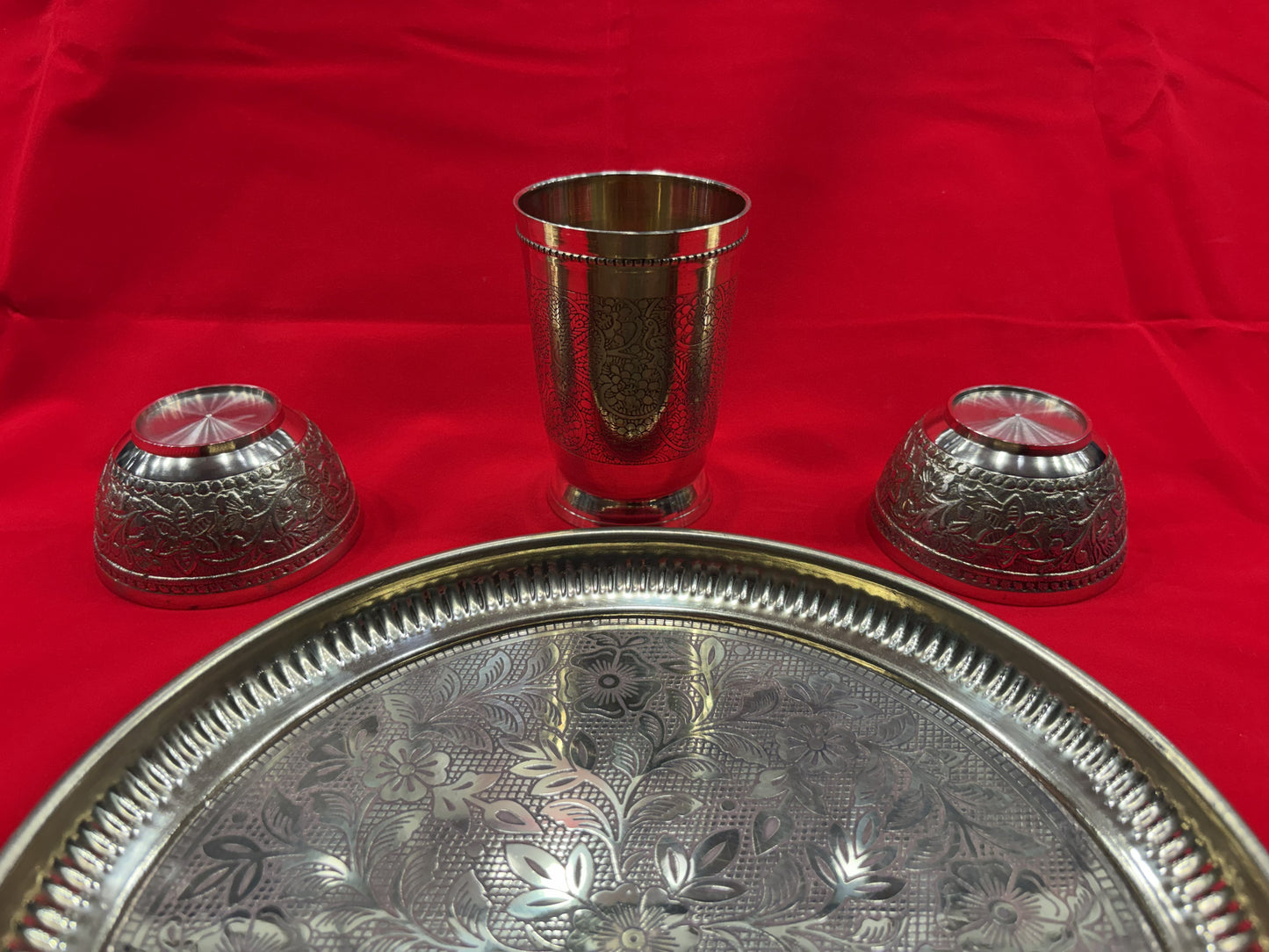 Brass Dinner Thali Set – Handcrafted Engraved Thali with Glass, Bowls & Spoon