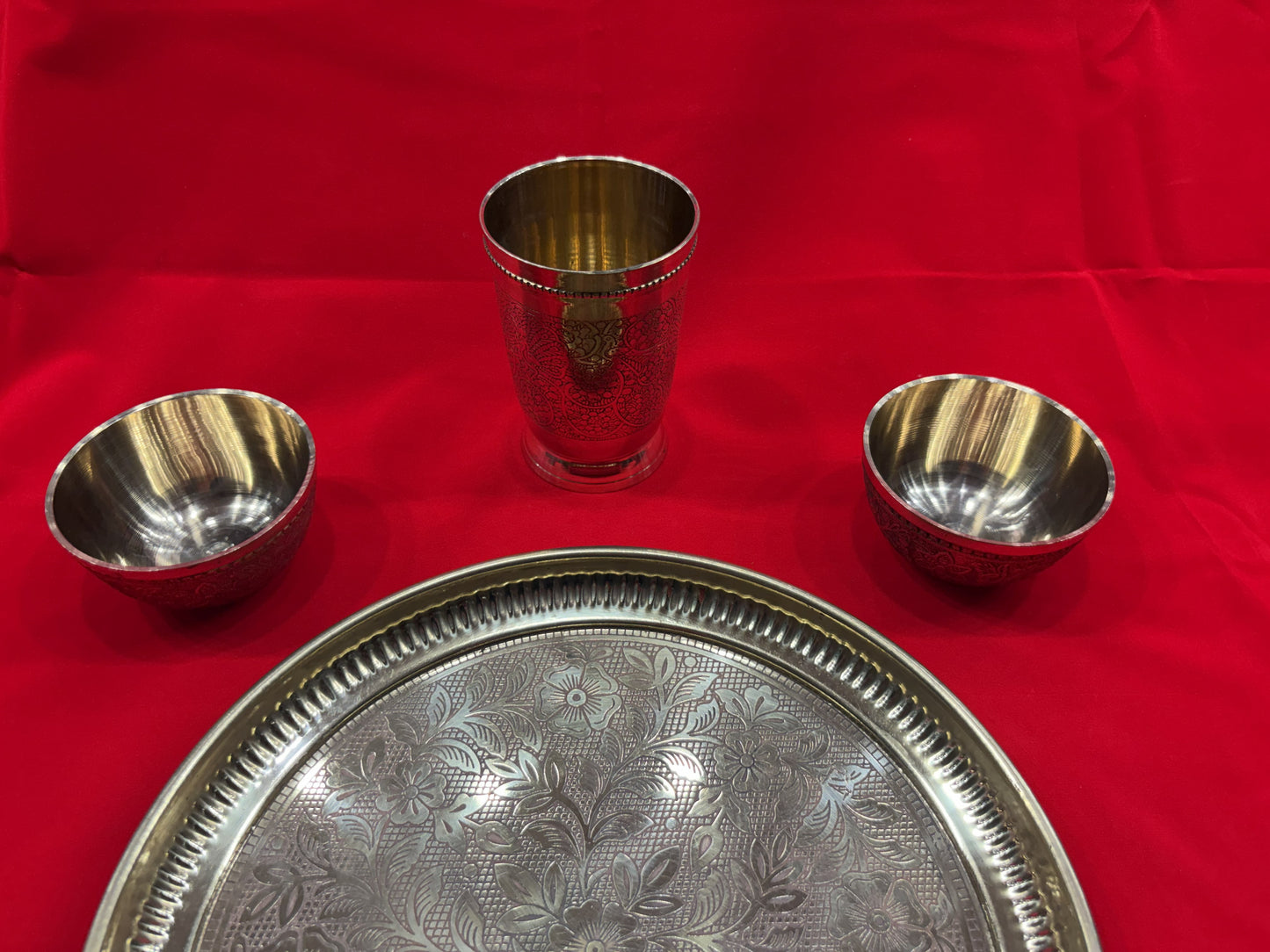 Brass Dinner Thali Set – Handcrafted Engraved Thali with Glass, Bowls & Spoon