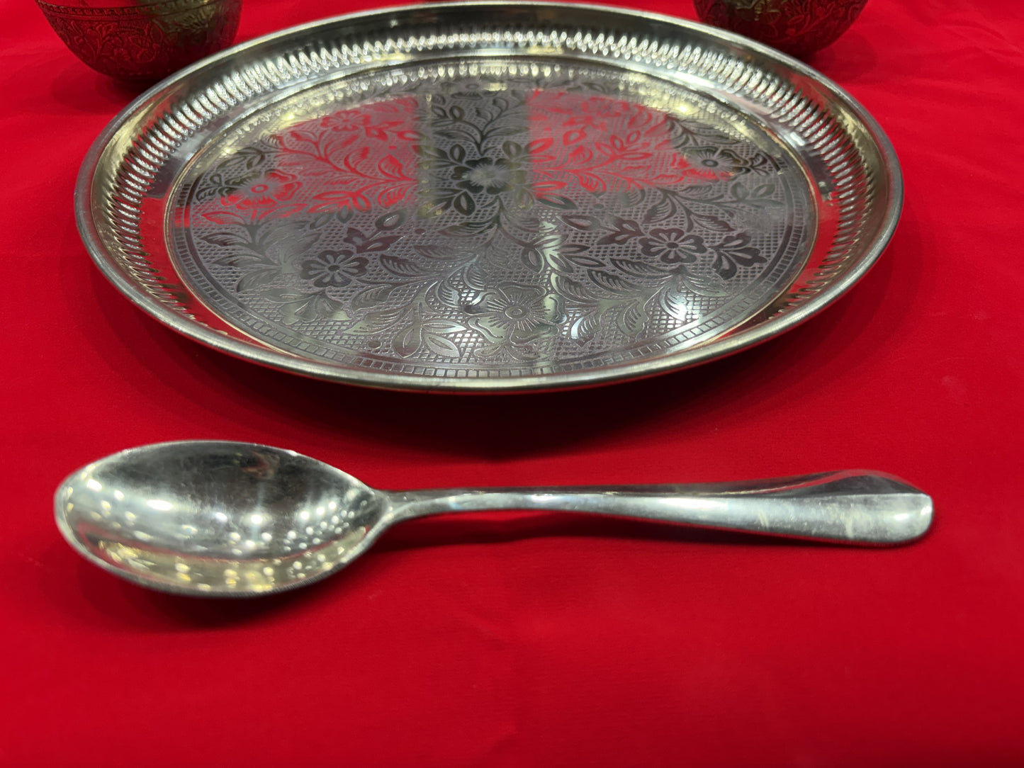 Brass Dinner Thali Set – Handcrafted Engraved Thali with Glass, Bowls & Spoon