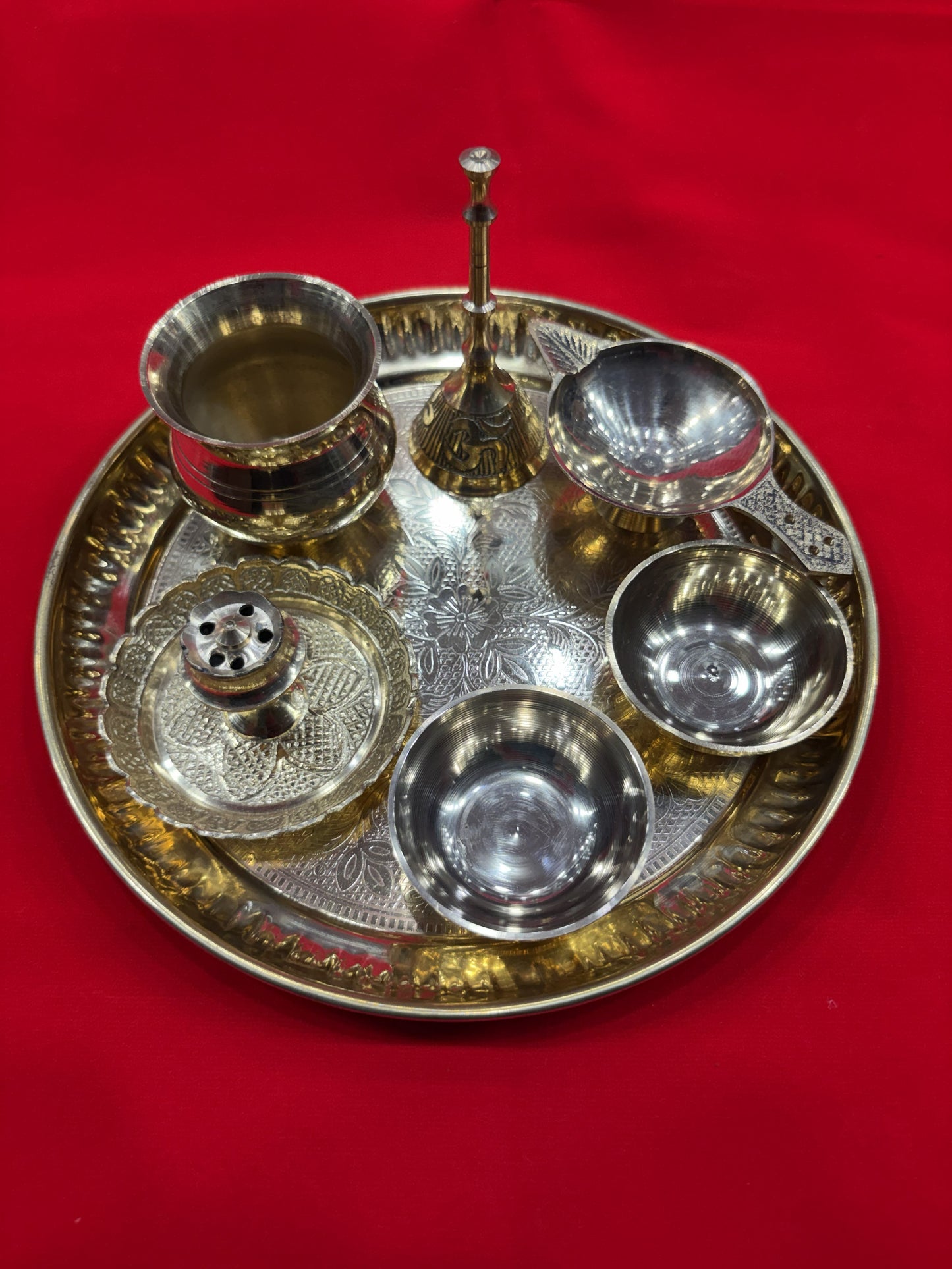 Brass Pooja Thali Set – Complete Puja Thali with Diya, Incense Holder & Bowls