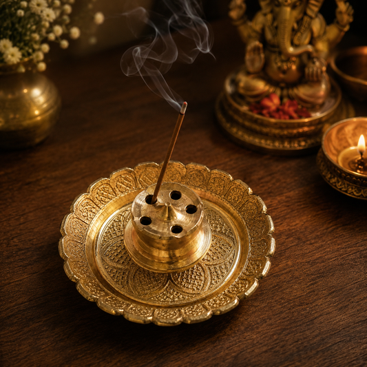 Brass Incense Stick Holder with Lotus Petal & Geometric Engraving